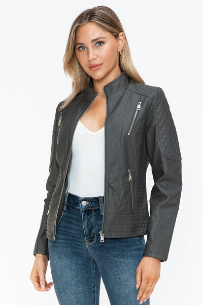 Snobbish Faux Leather Zip Up Mock Neck JacketThe Faux Leather Zip Up Mock Neck Jacket is a sleek and versatile outerwear piece. Made from durable faux leather, this jacket features a stylish mock neck design anSnobbish Faux Leather ZipSnobbish Faux Leather Zip