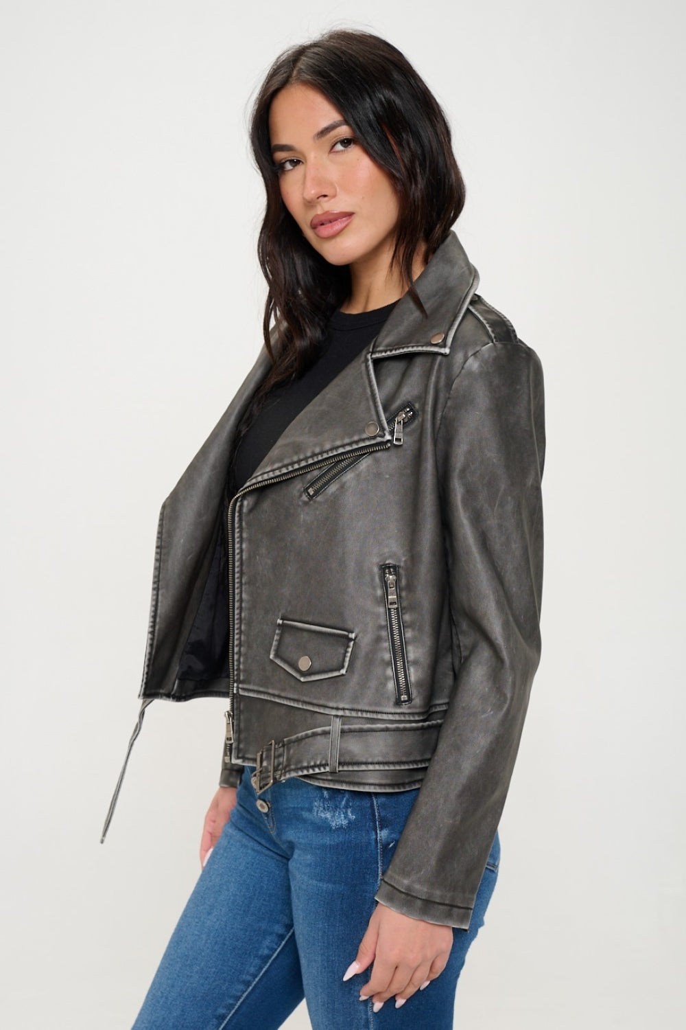 Coalition LA Zip Up Biker Jacket with BeltThis zip-up biker jacket features a stylish design with a notched lapel and a belt for a trendy look. The asymmetrical zipper adds an edgy touch to the jacket. Two zCoalition LA ZipCoalition LA Zip