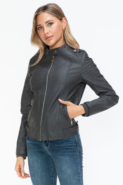 Snobbish PU Leather Biker Jacket with Side Zip PocketsA PU leather biker jacket with side zip pockets is a stylish and edgy piece that combines classic biker aesthetics with modern design elements. This jacket is typicaSnobbish PU Leather Biker JacketSnobbish PU Leather Biker Jacket