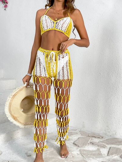 Cutout Halter Neck Top and Pants Two-Piece Swim SetFeatures: Cutout
Number of pieces: Two-piece
Chest pad: No padding
Underwire: No underwire
Stretch: Stretchy
Material composition: 100% acrylic
Care instructions: MaCutout Halter Neck TopCutout Halter Neck Top