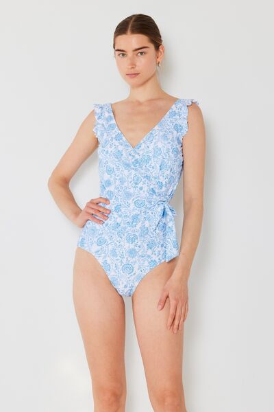 Marina West Swim Full Size Float Ruffle Faux Wrap One-Piece SwimsuitThis stunning one-piece suit is perfect for any mermaid wannabe. The wrap-look emphasizes your waist, is flattering, and is comfortable for swimming. The tie adds exMarina West Swim Full Size Float Ruffle Faux WrapMarina West Swim Full Size Float Ruffle Faux Wrap