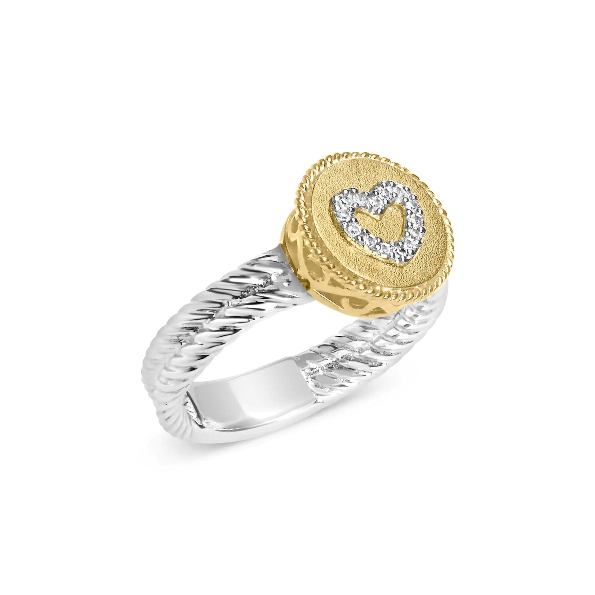 18K Yellow Gold Plated .925 Sterling Silver Diamond Heart Ring with SaEmbark on a journey of elegance with this exquisite ring, a testament to love and craftsmanship. It features intertwined sterling silver bands, their rope-like textu925 Sterling Silver Diamond Heart RingRings925 Sterling Silver Diamond Heart Ring