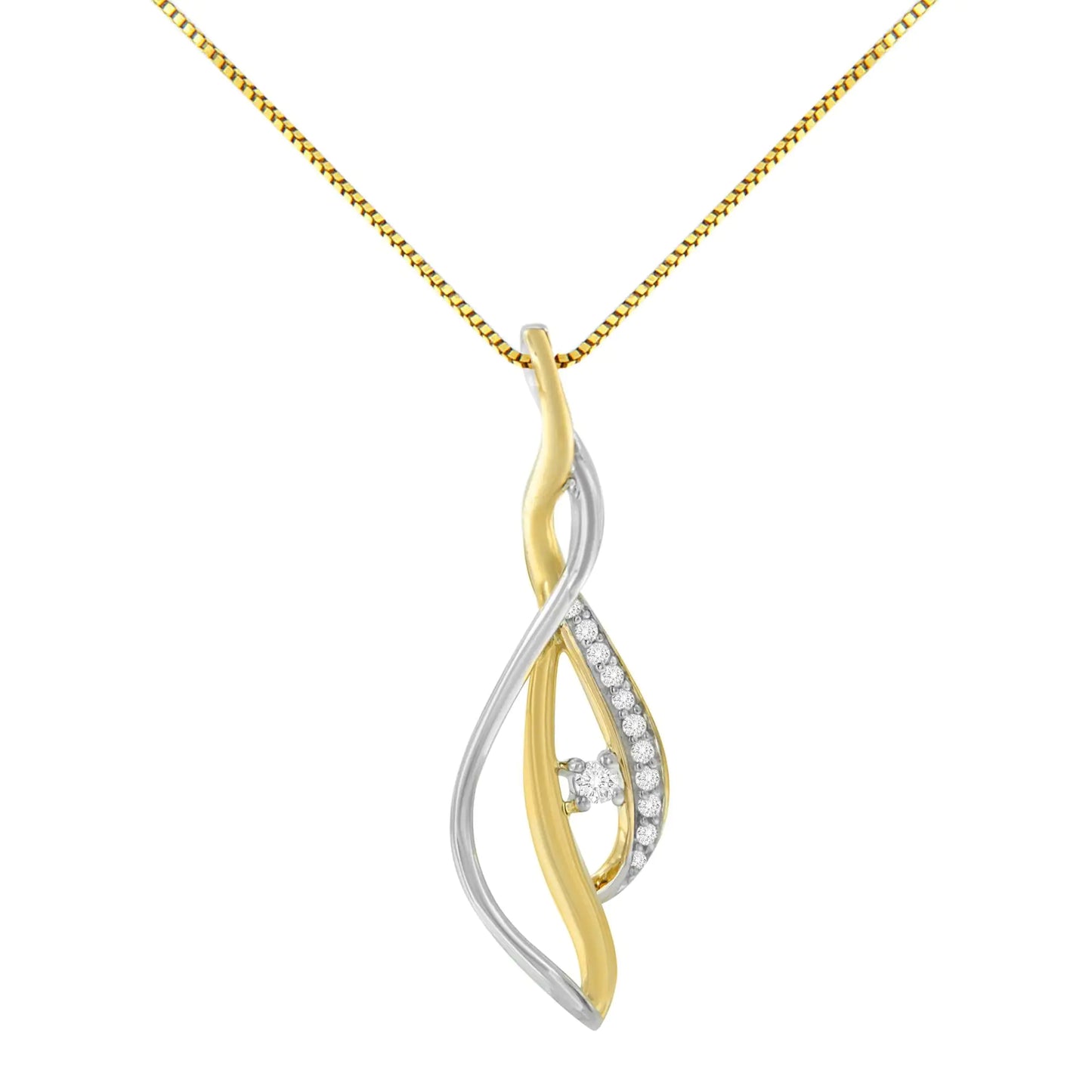 10K Yellow and White Gold Round Cut Diamond Accent Cascade 18" PendantSpirals of cool 10kt white and warm 10kt yellow gold cascade down together to create a stunning spiral effect around a solitaire diamond center. The piece is furtherWhite Gold Round Cut Diamond Accent Cascade 18" Pendant Necklace NecklacesWhite Gold Round Cut Diamond Accent Cascade 18" Pendant Necklace 