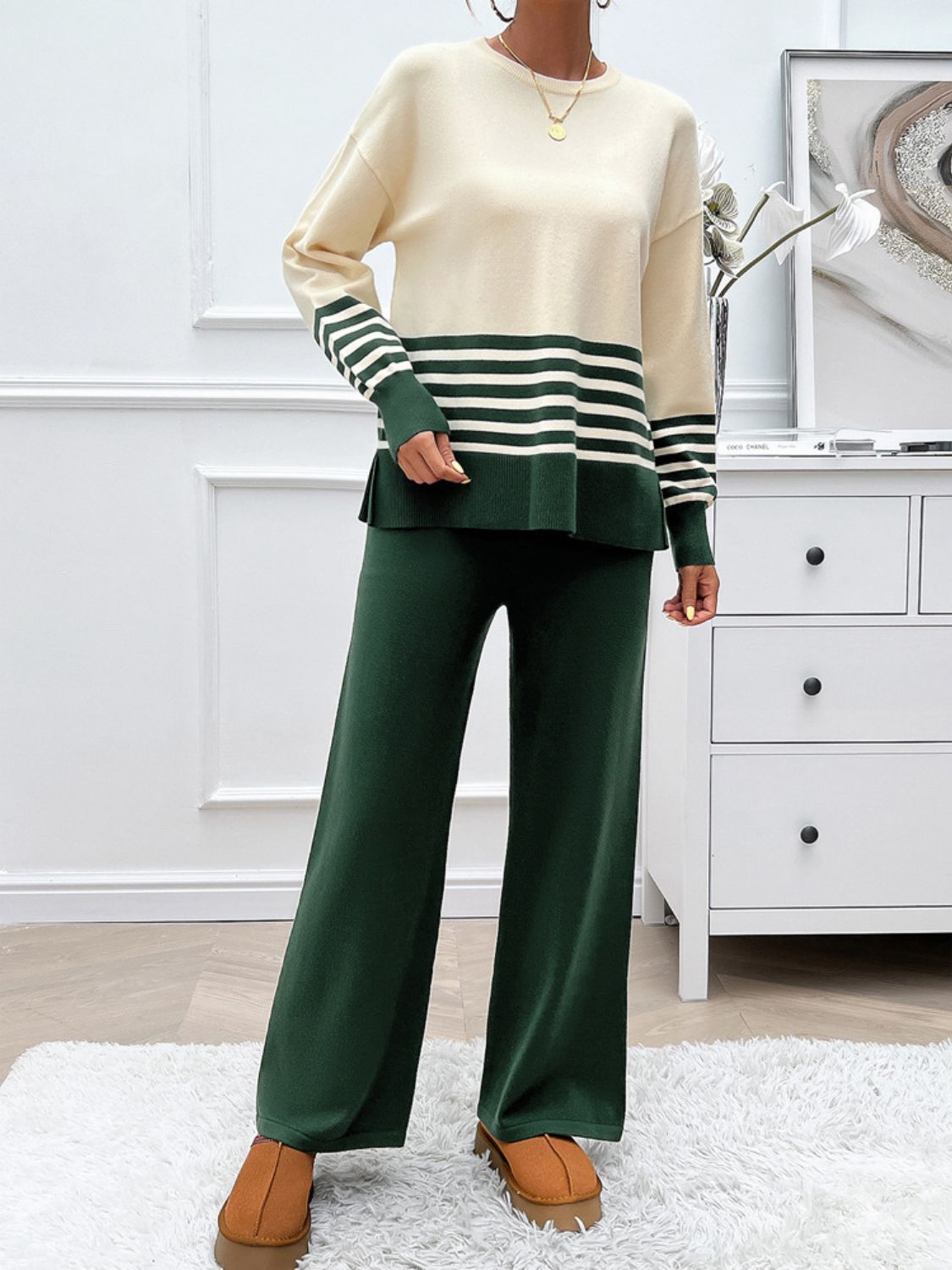 Devine Slit Striped Round Neck Top and Pants Sweater SetFeatures: Slit
Number of pieces: Two-piece
Stretch: Slightly stretchy
Material composition: 74% acrylic, 22% polyester, 4% elastane
Care instructions: Machine wash cDevine Slit Striped Round Neck TopDevine Slit Striped Round Neck Top