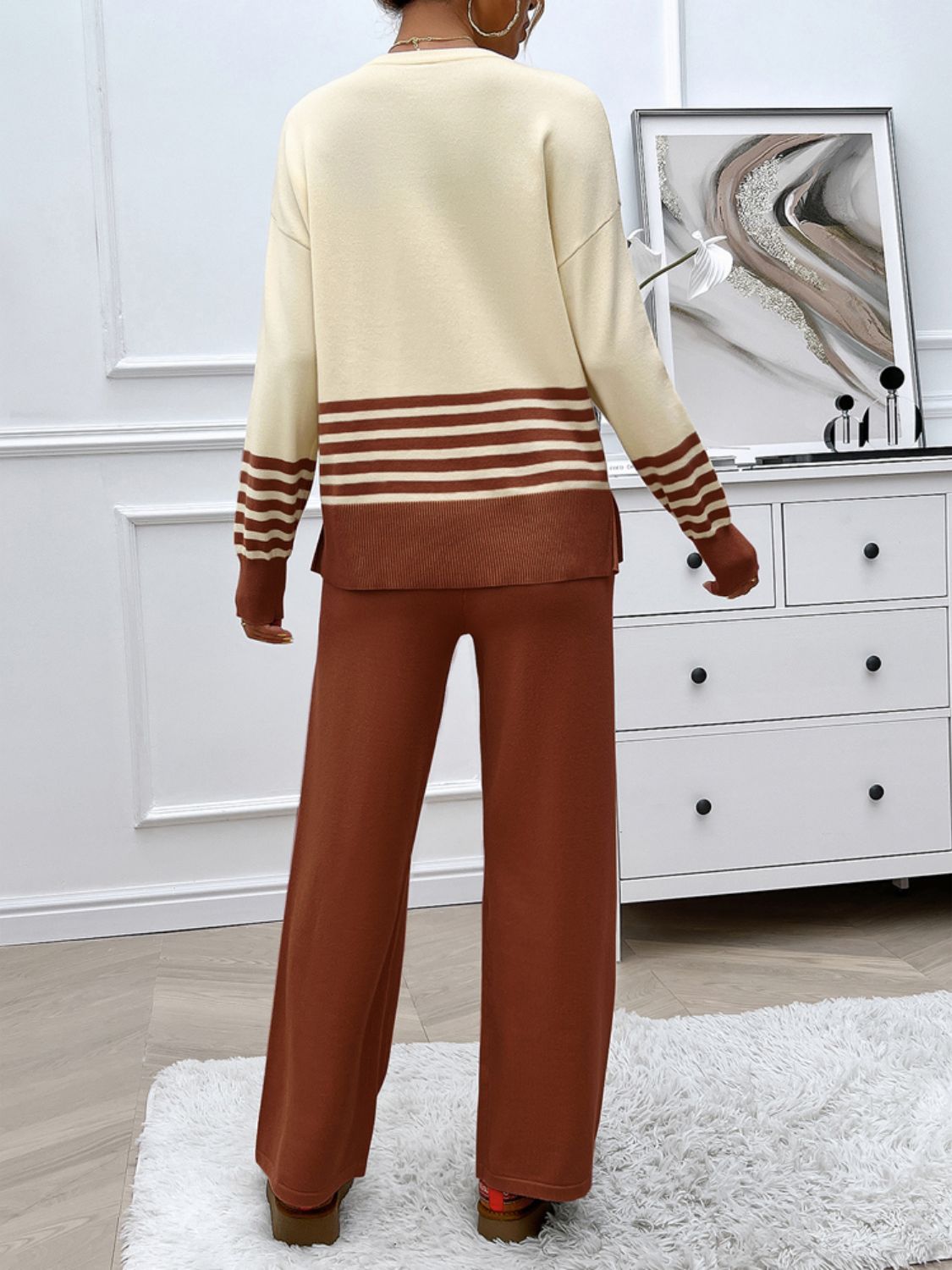 Devine Slit Striped Round Neck Top and Pants Sweater SetFeatures: Slit
Number of pieces: Two-piece
Stretch: Slightly stretchy
Material composition: 74% acrylic, 22% polyester, 4% elastane
Care instructions: Machine wash cDevine Slit Striped Round Neck TopDevine Slit Striped Round Neck Top