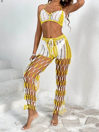 Cutout Halter Neck Top and Pants Two-Piece Swim SetFeatures: Cutout
Number of pieces: Two-piece
Chest pad: No padding
Underwire: No underwire
Stretch: Stretchy
Material composition: 100% acrylic
Care instructions: MaCutout Halter Neck TopCutout Halter Neck Top