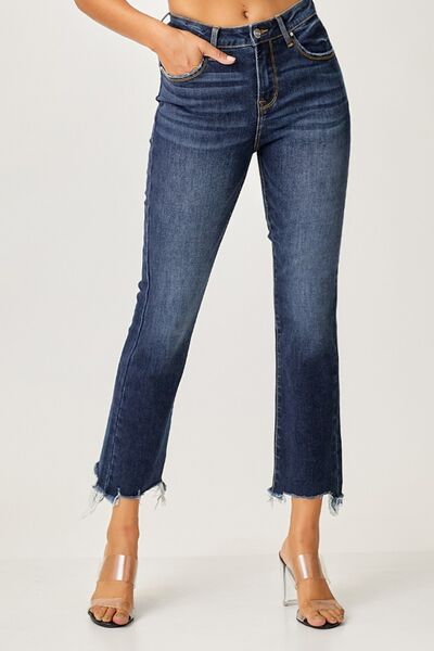 Risen Full Size Frayed Hem Cropped Straight JeansFrayed hem cropped straight jeans are a trendy and stylish choice for a casual and chic look. The frayed hem adds a touch of edginess and a laid-back vibe to the clacropped straight leg jeanscropped straight leg jeans