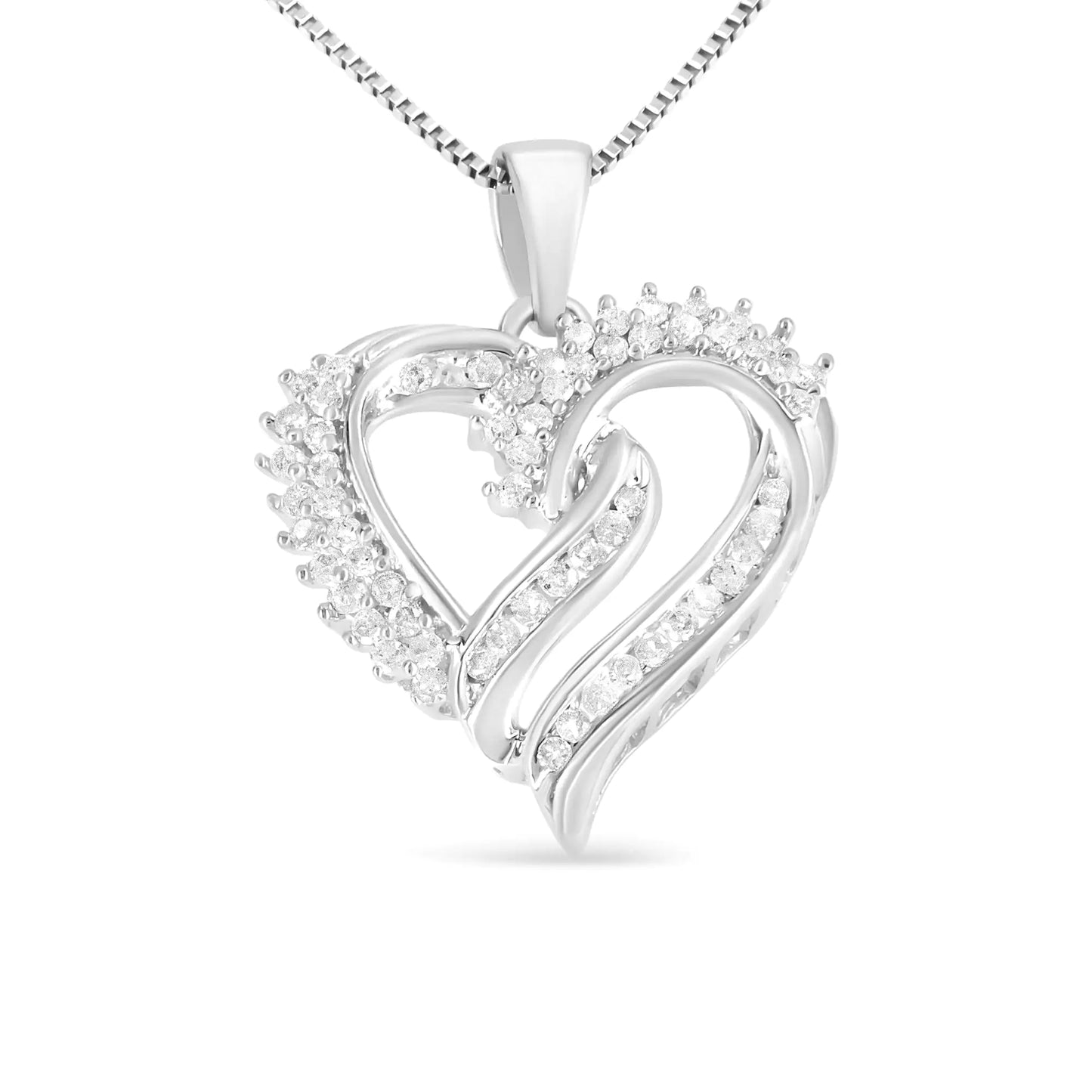 Heart pendant necklace in sterling silver with shimmering diamonds, classic and elegant design.