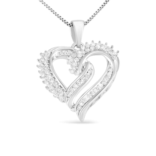 Heart pendant necklace in sterling silver with shimmering diamonds, classic and elegant design.