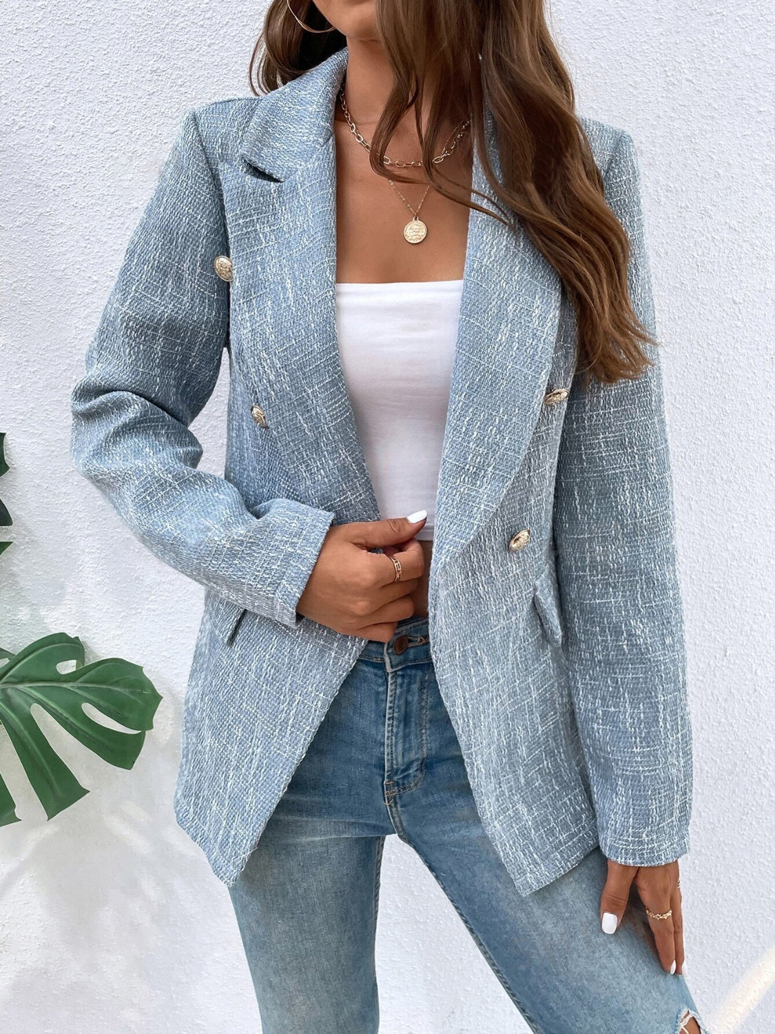 Lapel Collar Long Sleeve Blazer with PocketsFeatures: Basic style
Thickness: Normal
Body: Not lined
Material composition: 100% polyester
Care instructions: Machine wash cold. Tumble dry low.
Imported
Product MLapel Collar Long Sleeve BlazerLapel Collar Long Sleeve Blazer