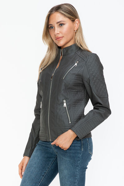 Snobbish Faux Leather Zip Up Mock Neck JacketThe Faux Leather Zip Up Mock Neck Jacket is a sleek and versatile outerwear piece. Made from durable faux leather, this jacket features a stylish mock neck design anSnobbish Faux Leather ZipSnobbish Faux Leather Zip