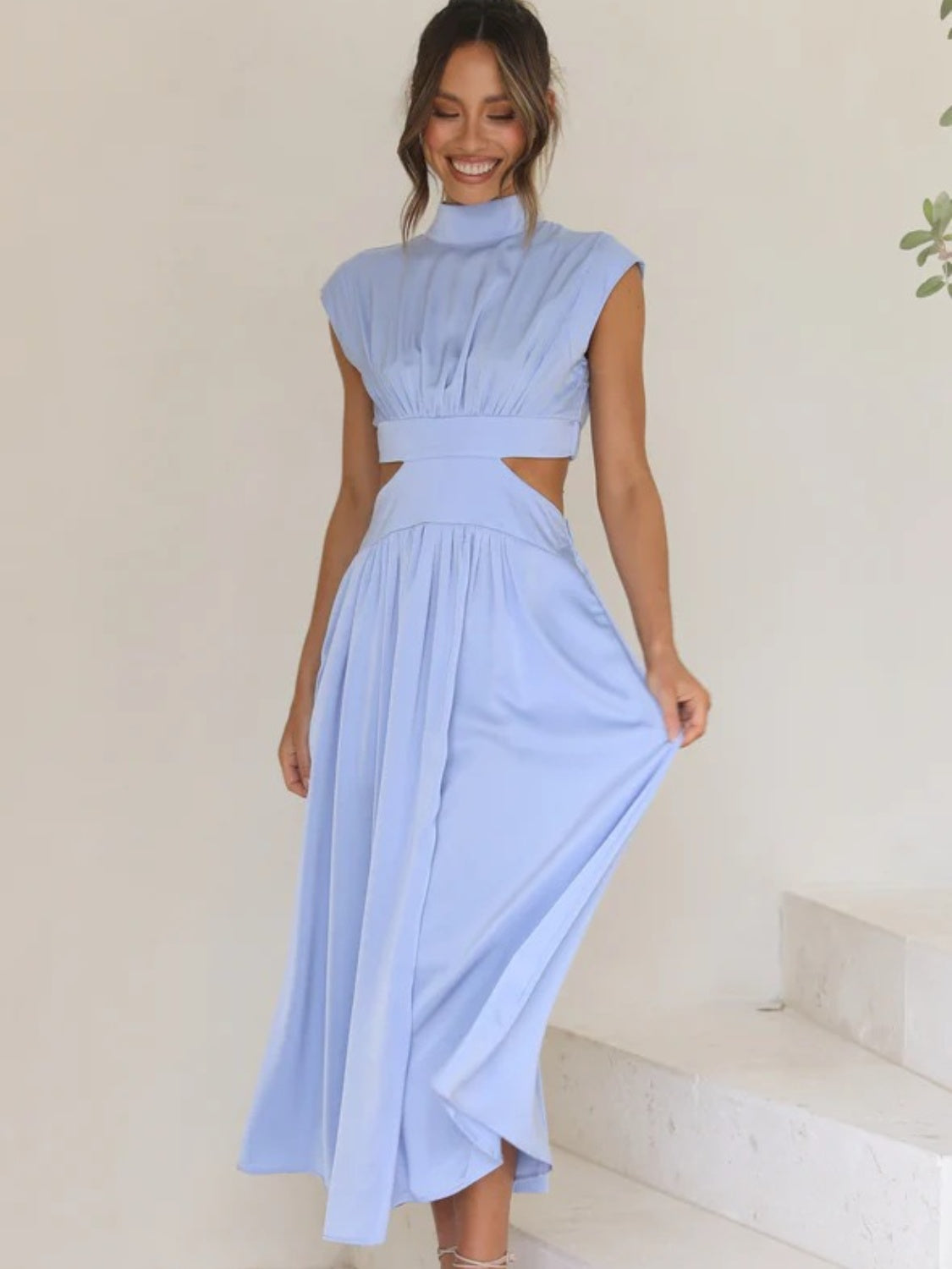 Cutout Mock Neck Sleeveless Ruched DressFeatures: Cutout
Sheer: Opaque
Stretch: Slightly stretchy
Body: Not lined
Material composition: 95% polyester, 5% spandex
Care instructions: Machine wash cold. TumblCutout Mock Neck Sleeveless Ruched DressCutout Mock Neck Sleeveless Ruched Dress