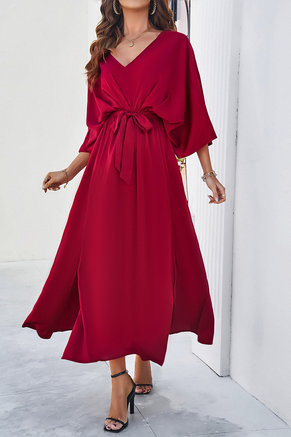 Devine Slit Tied V-Neck Three-Quarter Sleeve DressFeatures: Tied, Slit
Sheer: Opaque
Stretch: Slightly stretchy
Body: Not lined
Material composition: 100% polyester
Care instructions: Machine wash cold. Tumble dry lDevine Slit TiedDressesDevine Slit Tied