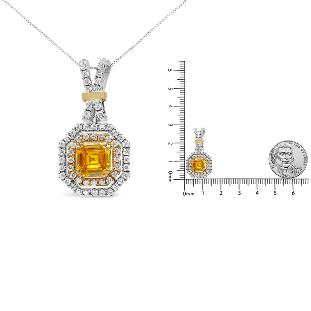 18K White and Yellow Gold 1.75 Cttw Lab Grown Treated Yellow Asscher CUnique and eye-catching, this glamorous pendant has an impressive total carat weight of 1.75 c.t. The central stone of this necklace is a lab-grown, asscher-cut yell75 Cttw Lab Grown Treated Yellow Asscher Center Diamond Halo 18" Pendant Necklace Yellow75 Cttw Lab Grown Treated Yellow Asscher Center Diamond Halo 18" Pendant Necklace Yellow