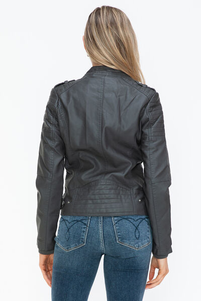 Snobbish PU Leather Biker Jacket with Side Zip PocketsA PU leather biker jacket with side zip pockets is a stylish and edgy piece that combines classic biker aesthetics with modern design elements. This jacket is typicaSnobbish PU Leather Biker JacketSnobbish PU Leather Biker Jacket