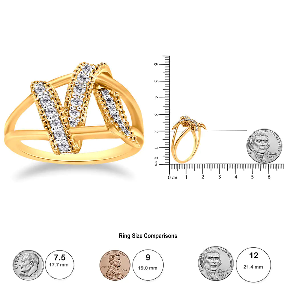 14K Yellow Gold Plated .925 Sterling Silver 1/4 Cttw Diamond InterlockYou will never quite find a ring as unique and dynamic as this 14k yellow gold plated .925 sterling silver cocktail ring. A bold thread of diamond embellished silver14K Yellow Gold Plated14K Yellow Gold Plated