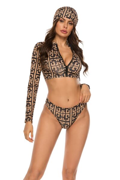 Printed Zip Up Three-Piece Swim SetFeatures: Basic style
Number of pieces: Three-piece
Chest pad: No padding
Underwire: No underwire
Stretch: Highly stretchy
Material composition: 90% polyester 10% sp-Piece Swim Set-Piece Swim Set