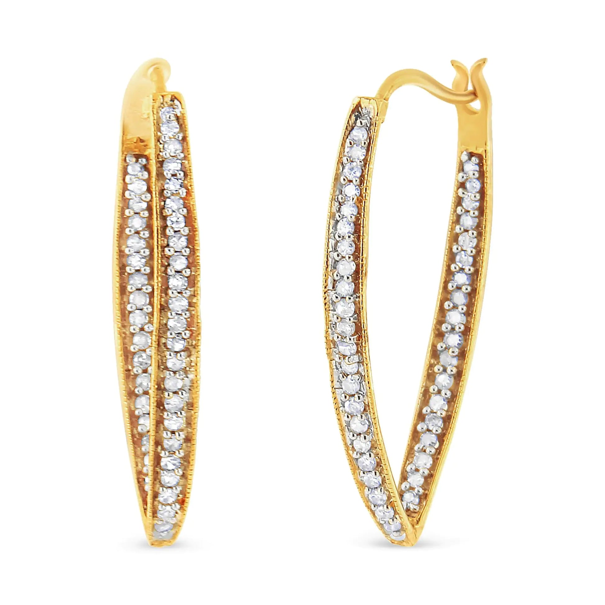 14K Yellow Gold 1/2 Cttw Diamond Inside Out Hoop Earrings for Women (IDazzle with these glamorous 14k yellow gold inside-out hoop earrings, featuring 1/2 ct of round-cut diamonds. Prong-set diamonds line the inner and outer curves of t14K Yellow Gold 12 Cttw Diamond Inside14K Yellow Gold 12 Cttw Diamond Inside