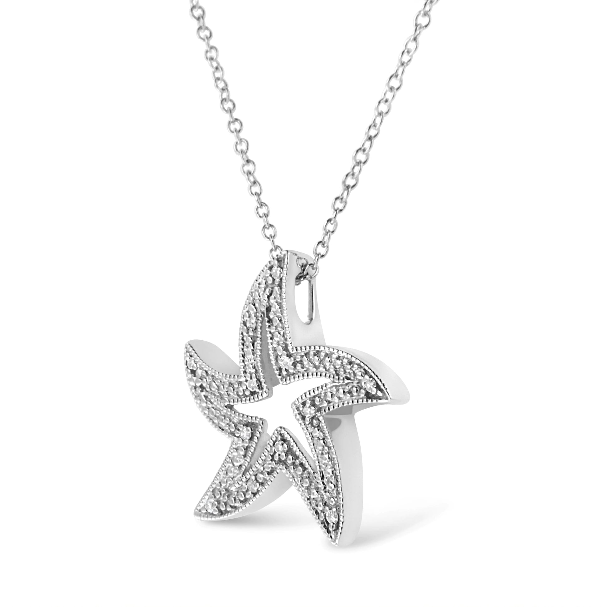 .925 Sterling Silver Prong-Set Diamond Accent Starfish 18" Pendant NecEntice her with starbursts of light-reflecting beauty of this gorgeous diamond star fish pendant crafted in sterling silver. This open design star fish is adorn with925 Sterling Silver Prong-Set Diamond Accent Starfish 18" Pendant Necklace (Necklace925 Sterling Silver Prong-Set Diamond Accent Starfish 18" Pendant Necklace (