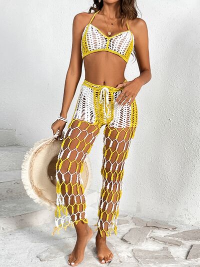 Cutout Halter Neck Top and Pants Two-Piece Swim SetFeatures: Cutout
Number of pieces: Two-piece
Chest pad: No padding
Underwire: No underwire
Stretch: Stretchy
Material composition: 100% acrylic
Care instructions: MaCutout Halter Neck TopCutout Halter Neck Top