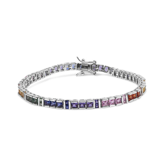 Sterling Silver Multi Colored Princess Cut Gemstone Link Tennis BracelIntroducing a mesmerizing masterpiece! Indulge in the allure of this .925 Sterling Silver Multi Colored Princess Cut Gemstone Link Tennis Bracelet. Crafted with loveSterling Silver Multi Colored Princess Cut Gemstone Link Tennis BraceletSterling Silver Multi Colored Princess Cut Gemstone Link Tennis Bracelet