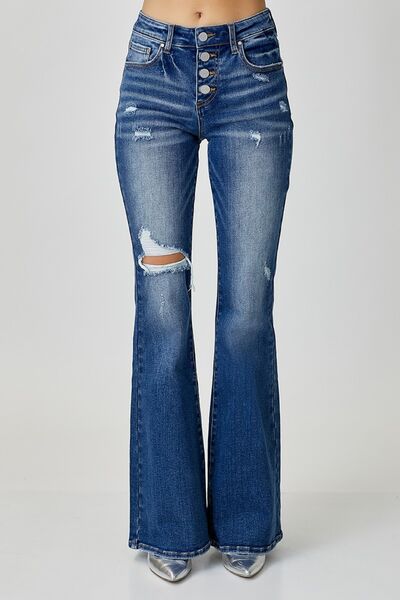 RISEN Distressed Button-Fly Flare JeansThe leg of these jeans presents a popular flared pants design, giving you more charm and personality when wearing them. Whether paired with a shirt, t-shirt or top, RISEN Distressed Button-Fly Flare JeansRISEN Distressed Button-Fly Flare Jeans