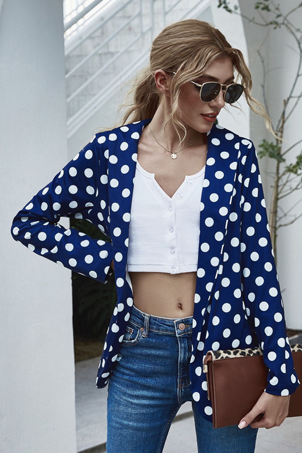 Polka Dot Long Sleeve BlazerPattern type: Polka dot
Style: Chic
Features: Basic style
Neckline: Open front
Length: Regular
Sleeve length: Long sleeves
Sleeve type: Regular sleeves
Material compPolka Dot Long Sleeve BlazerCoatsPolka Dot Long Sleeve Blazer