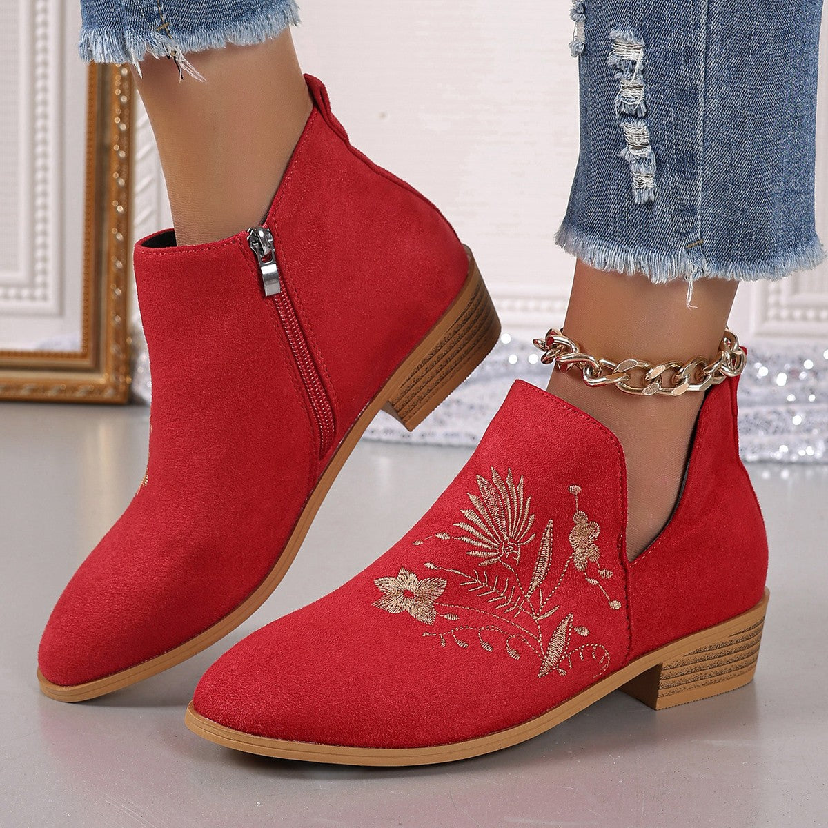 Embroidered Suede Point Toe Block Heel BootsIncludes: Box not included
Heel height: Low heels
Material: Elastomer, Suede
Imported
Product Measurements (Measurements by inches) &amp; Size Conversion

Size
Foot Embroidered Suede Point Toe Block Heel BootsEmbroidered Suede Point Toe Block Heel Boots