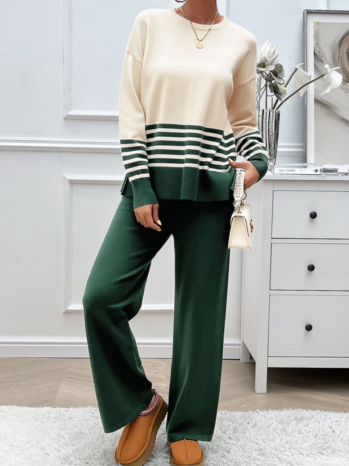 Devine Slit Striped Round Neck Top and Pants Sweater SetFeatures: Slit
Number of pieces: Two-piece
Stretch: Slightly stretchy
Material composition: 74% acrylic, 22% polyester, 4% elastane
Care instructions: Machine wash cDevine Slit Striped Round Neck TopDevine Slit Striped Round Neck Top