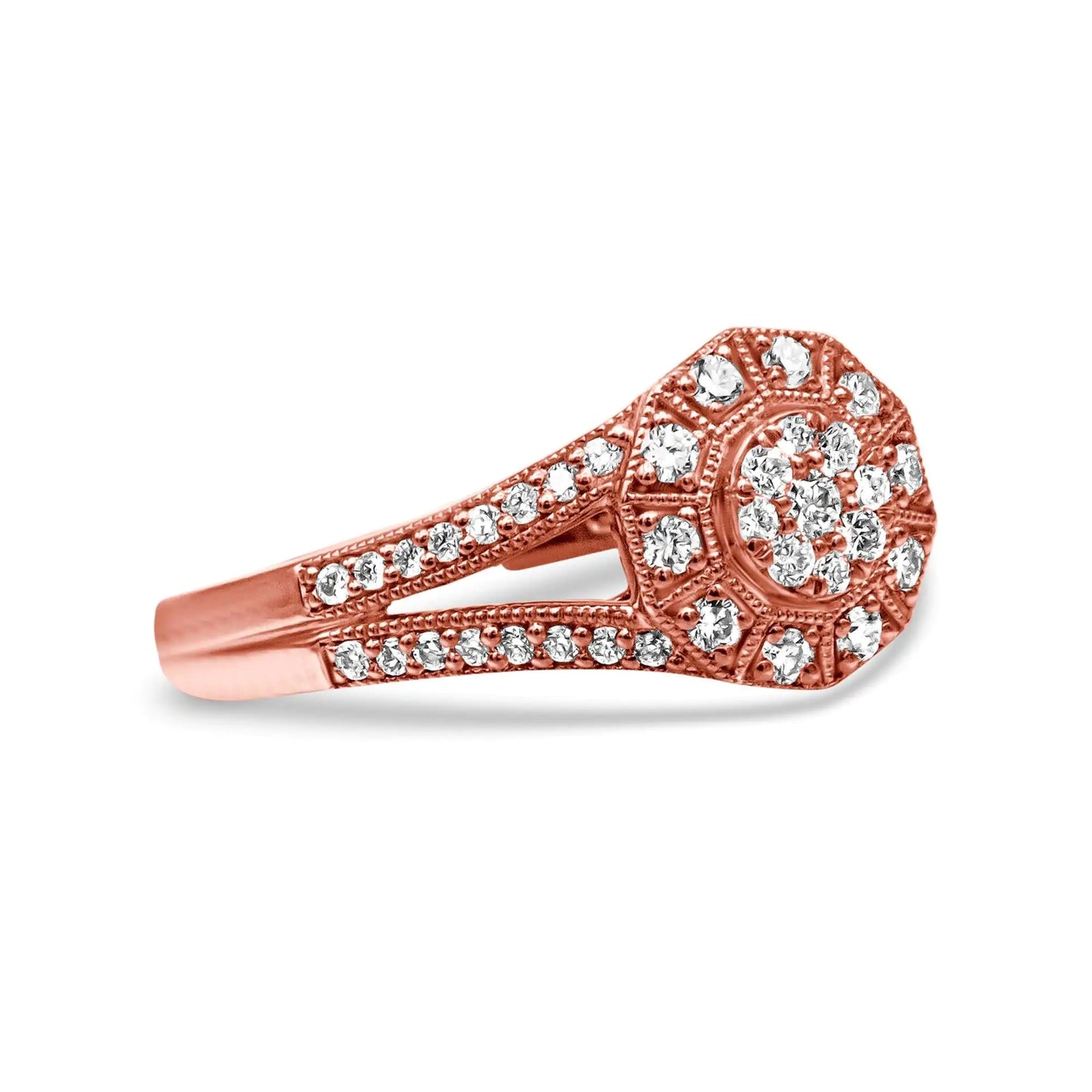 14K Rose Gold Plated .925 Sterling Silver 1/2 Cttw Pave Diamond Halo CThis devastatingly gorgeous cocktail ring brings on the charm with a gorgeous breadth of round, pave-set diamonds. A center cluster of diamonds gives a floral inspir14K Rose Gold Plated14K Rose Gold Plated