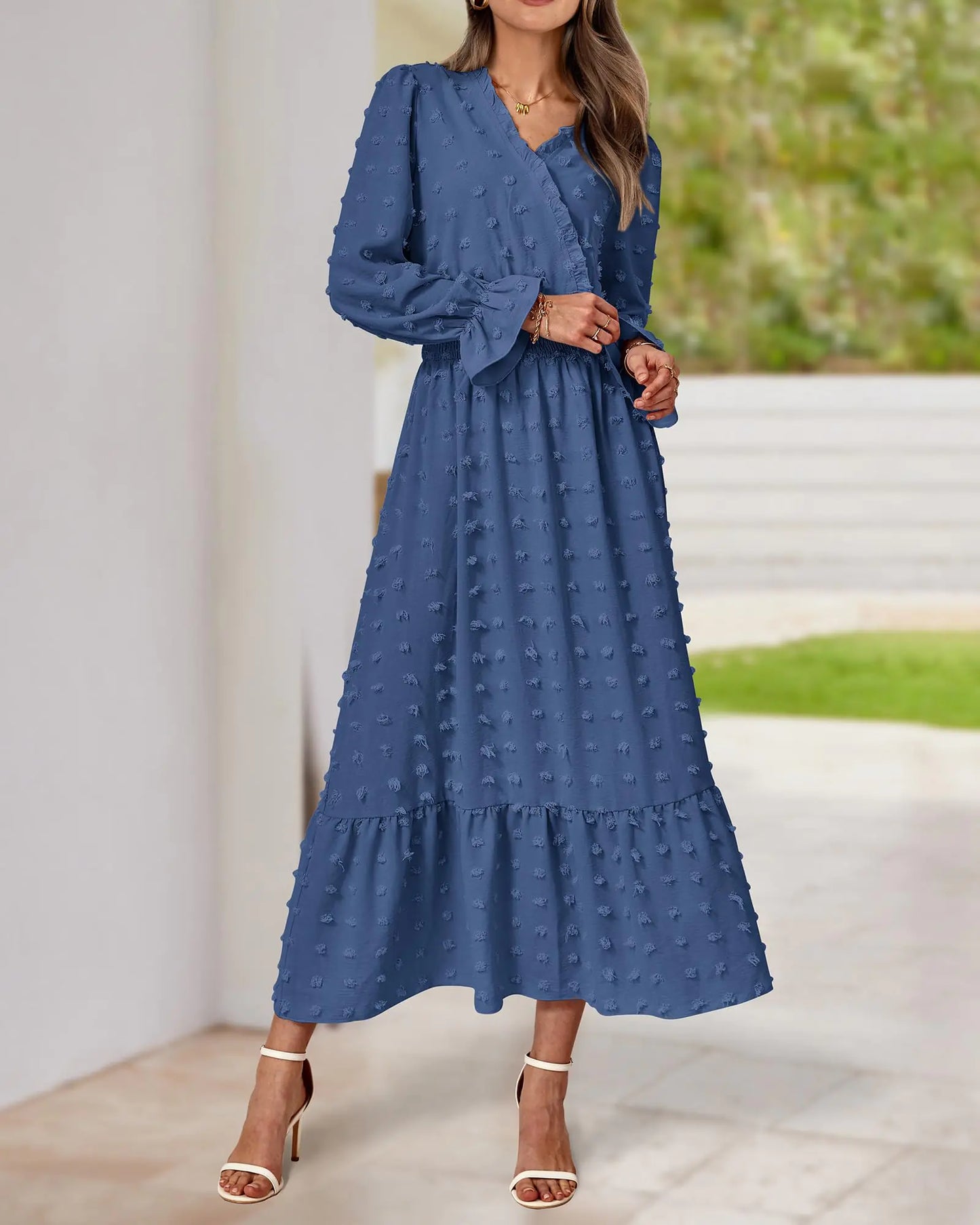 Women Fall Dresses 2024 Long Sleeve V Neck Swiss Dots Maxi Dress Boho Long Dress High Waisted A-Line Ruffle Dress