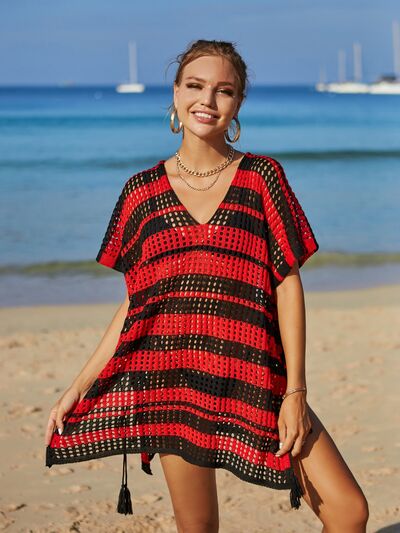 Angel Wings Tassel Openwork Striped V-Neck Cover UpFeatures: Openwork, Slit
Sheer: Semi-sheer
Stretch: Moderate stretch
Material composition: 100% polyester
Care instructions: Machine wash cold. Tumble dry low.
ImporAngel Wings Tassel Openwork StripedAngel Wings Tassel Openwork Striped