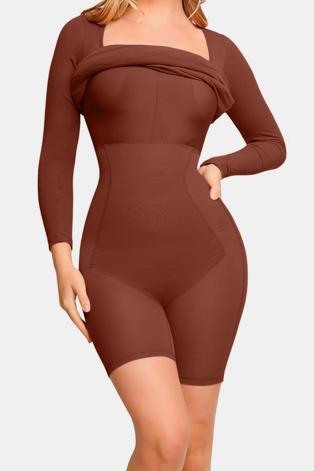 Basic Bae Full Size Built-In Shapewear Square Neck Long Sleeve DressFeatures: Basic style
Sheer: Opaque
Stretch: Highly stretchy
Body: Lined
Material composition: EXTERIOR : 92% modal, 8% spandex LINNING : 62% polyamide, 38% elastaneShapewear Square Neck Long Sleeve DressShapewear Square Neck Long Sleeve Dress