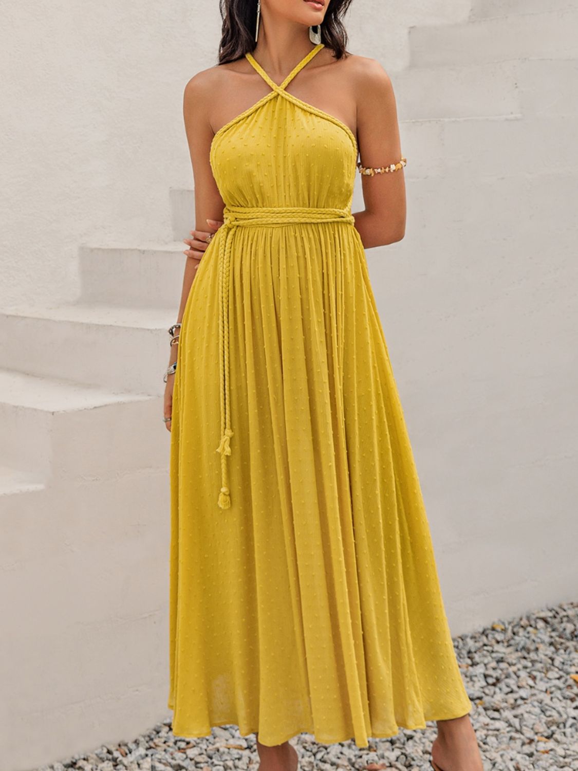 Swiss Dot Backless Sleeveless Maxi Dress