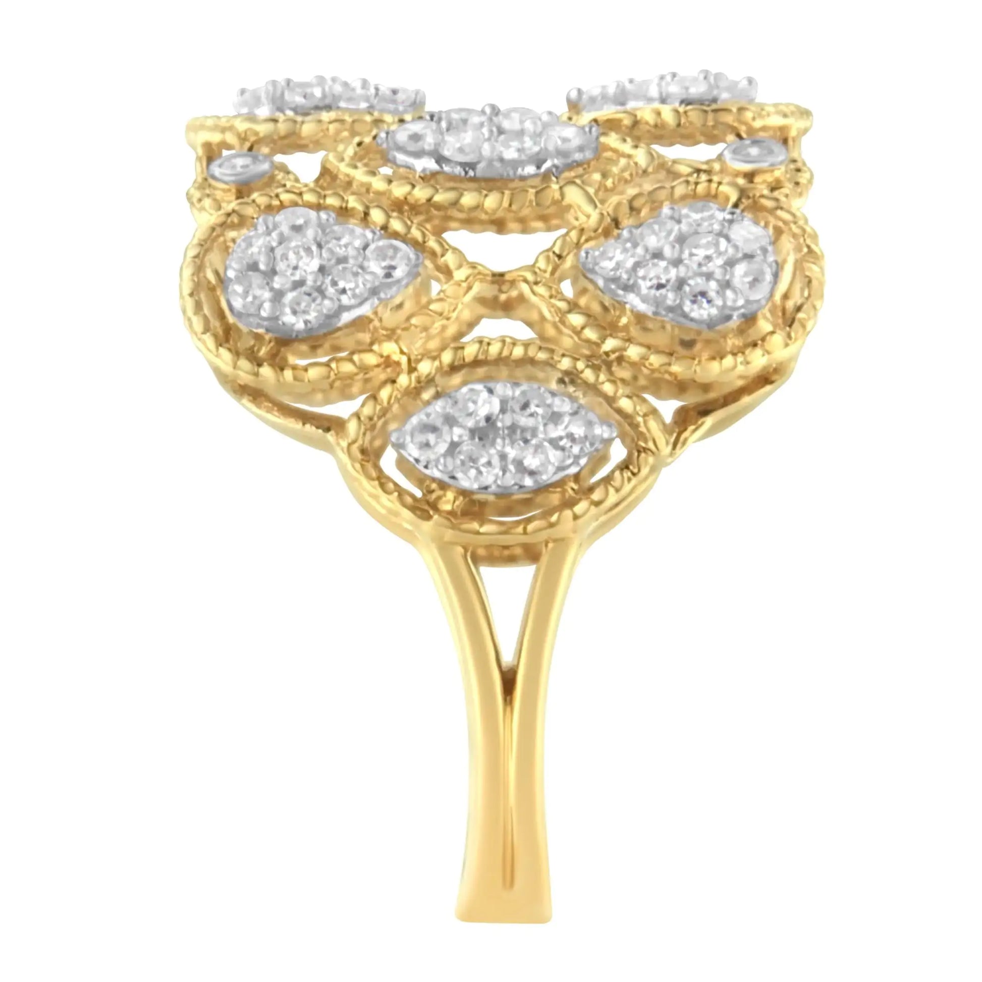 14K Yellow Gold Diamond Art Deco Ring (1/2 Cttw, H-I Color, I1 ClarityThis 14kt yellow gold band brings a mix of a art deco looks with floral elegance to your hand. Pear-inspired clusters and bezel accents are interwoven within a latti14K Yellow Gold Diamond Art Deco Ring 12 Cttw14K Yellow Gold Diamond Art Deco Ring 12 Cttw