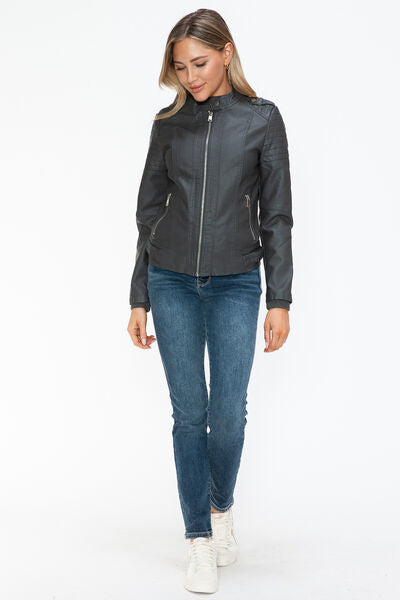 Snobbish PU Leather Biker Jacket with Side Zip PocketsA PU leather biker jacket with side zip pockets is a stylish and edgy piece that combines classic biker aesthetics with modern design elements. This jacket is typicaSnobbish PU Leather Biker JacketSnobbish PU Leather Biker Jacket