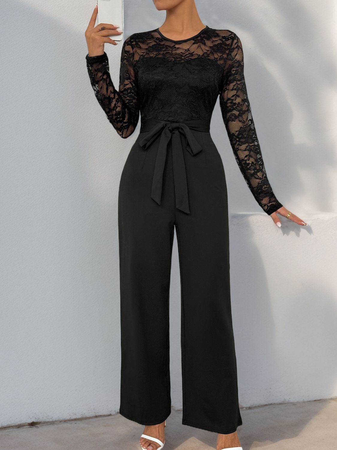 Perfee Lace Round Neck Long Sleeve JumpsuitFeatures: Lace, Tied
Sheer: Semi-sheer
Material composition: 95% polyester, 5% elastane
Care instructions: Machine wash cold. Tumble dry low., Dry clean only.
ImportPerfee Lace Round Neck Long Sleeve JumpsuitDressesPerfee Lace Round Neck Long Sleeve Jumpsuit