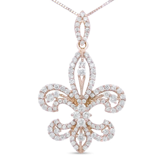 14K yellow gold round diamond Fleur De Lis 18" pendant necklace.