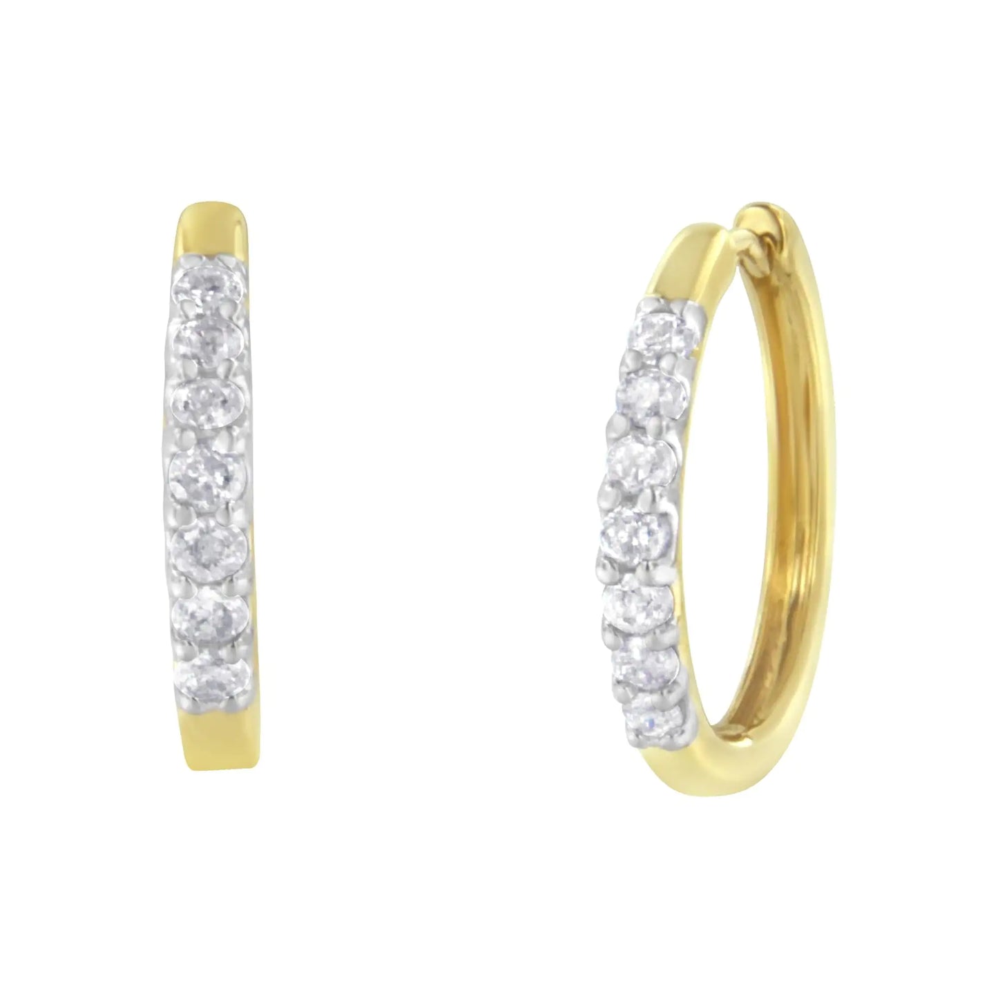 10KT Yellow Gold Diamond Hoop Earring (1/2 cttw, I-J Color, I2-I3 ClarElevate your style with these classic diamond hoop earrings, crafted in 10K yellow gold. Featuring sparkling round diamonds with a total weight of 1/2 carat, these t10KT Yellow Gold Diamond Hoop Earring 12 cttw10KT Yellow Gold Diamond Hoop Earring 12 cttw