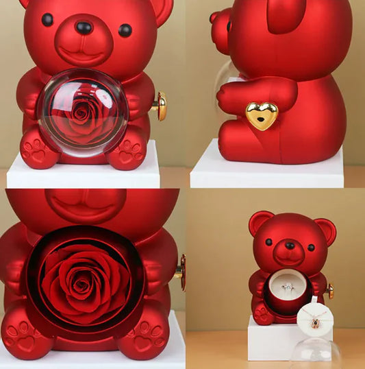 Rotating Bear Gift Box Rose Jewelry Box – Unique Jewelry Organizer with Rotating Display