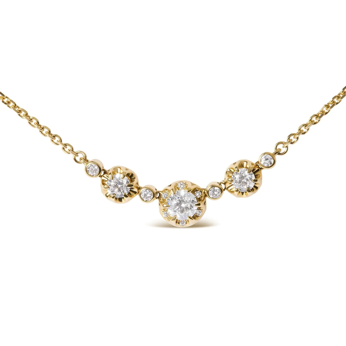 14k Yellow Gold 3/4 Cttw 3 Stone Round Diamond 18" Statement Necklace Indulge in the luxurious beauty of this 14k yellow gold 3/4 cttw 3 stone round diamond 18" statement necklace. With its natural diamond origin and 13 round diamonds 14k Yellow Gold 34 Cttw 3 Stone Round Diamond 18" Statement Necklace Necklaces14k Yellow Gold 34 Cttw 3 Stone Round Diamond 18" Statement Necklace 