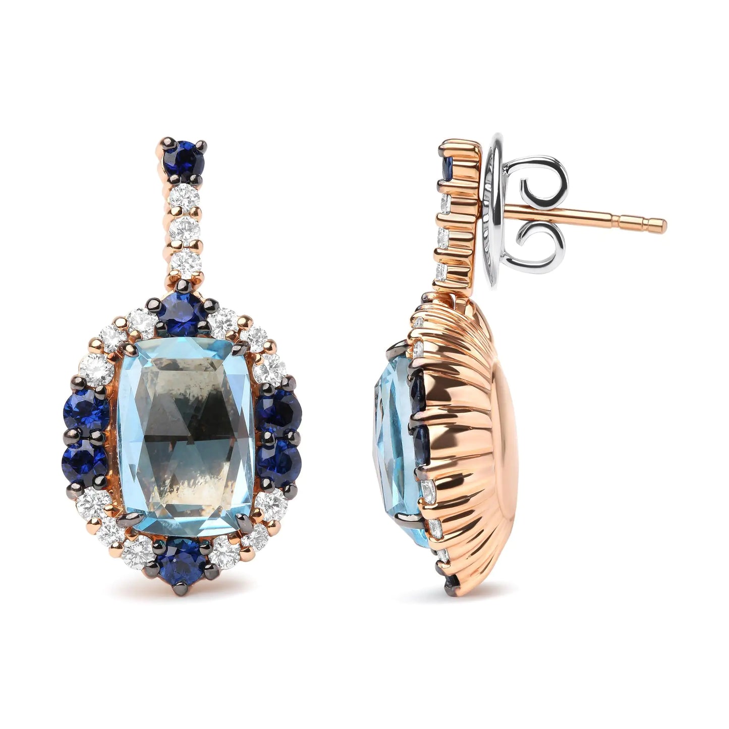 18K White and Rose Gold and 3/4 Cttw Diamond with Round Blue Sapphire These regal dangle earrings are radiant and ready for any occasion, crafted from genuine 18k white and rose gold. A bold, eye-catching natural 13x8mm cushion-cut sky18K White18K White