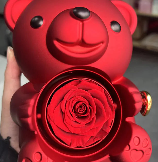 Rotating Bear Gift Box Rose Jewelry Box – Unique Jewelry Organizer with Rotating Display