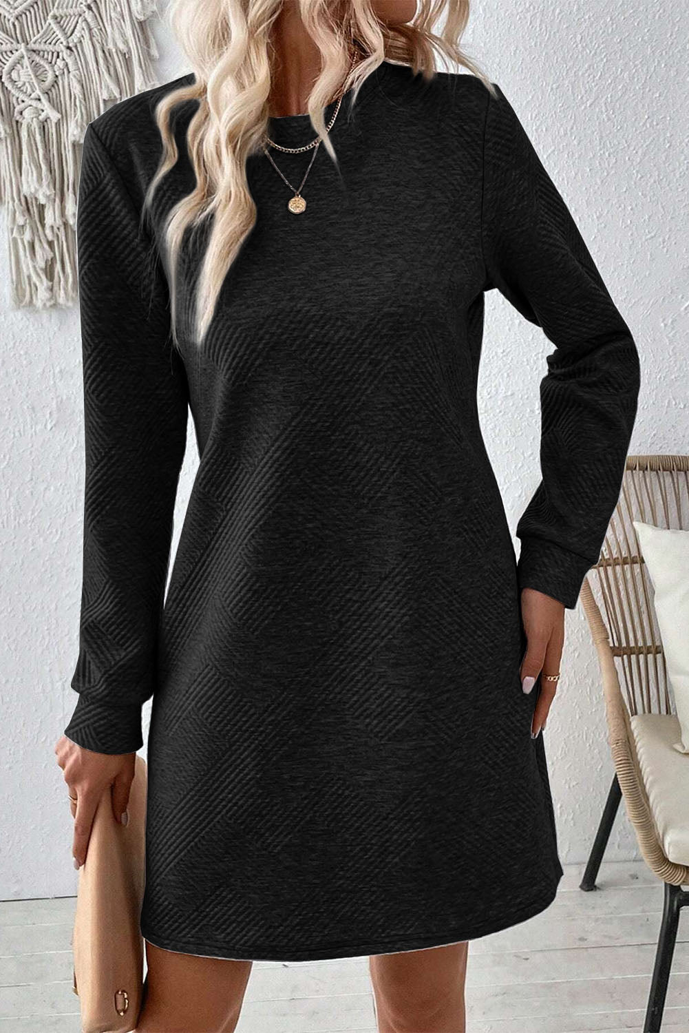 Textured Round Neck Long Sleeve Mini DressFeatures: Basic style
Sheer: Opaque
Stretch: Slightly stretchy
Body: Not lined
Material composition: 97% polyester, 3% elastane
Care instructions: Machine wash cold.Textured Round Neck Long Sleeve Mini DressDressesTextured Round Neck Long Sleeve Mini Dress