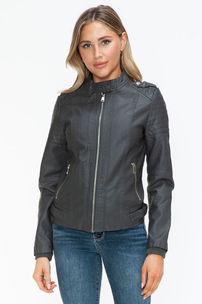 Snobbish PU Leather Biker Jacket with Side Zip PocketsA PU leather biker jacket with side zip pockets is a stylish and edgy piece that combines classic biker aesthetics with modern design elements. This jacket is typicaSnobbish PU Leather Biker JacketSnobbish PU Leather Biker Jacket