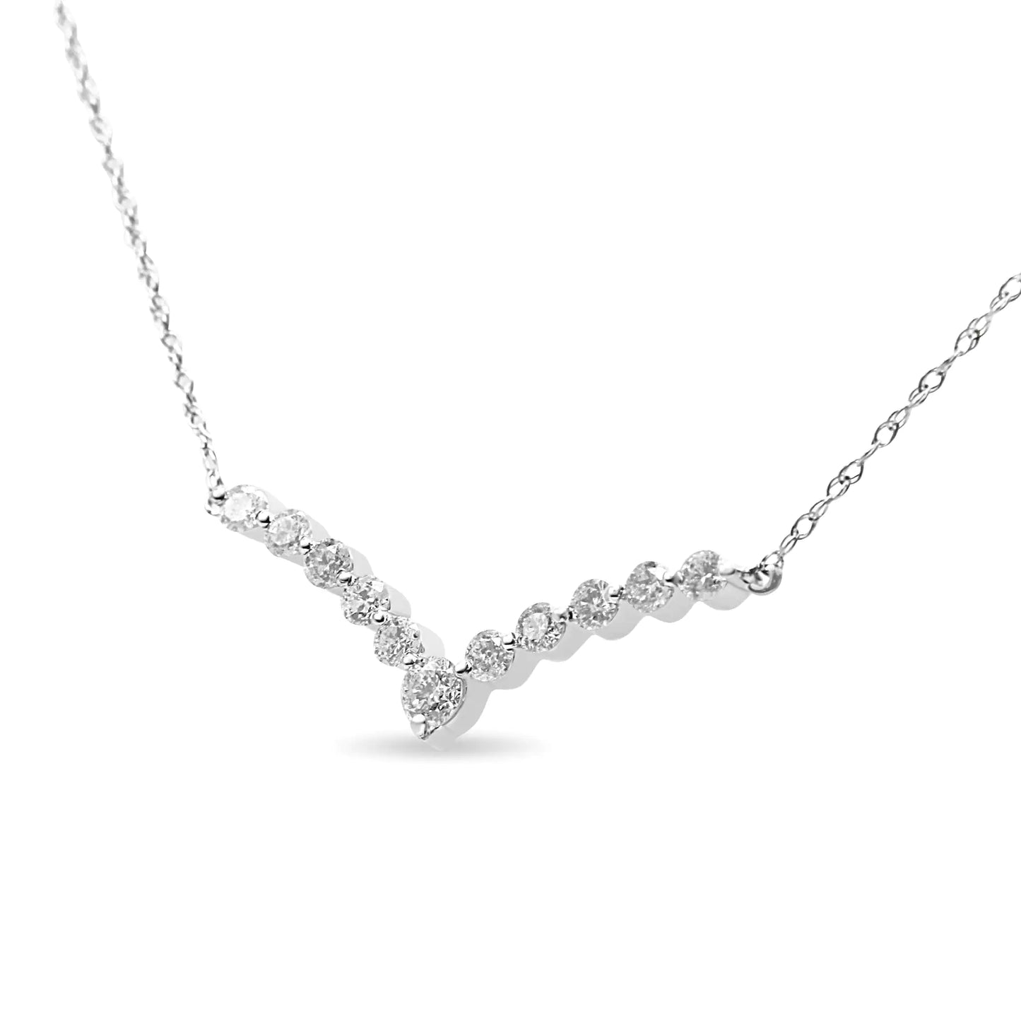 10K White Gold 1/2 Cttw Round-Cut Diamond "V" Shaped 18" Necklace (H-IClassic and elegant, this 10k white gold necklace showcases 1/2ct of prong set, glimmering round cut diamonds. 11 set diamonds create a "V" shape that softly hangs f10K White Gold 12 Cttw Round-Cut Diamond "Necklace10K White Gold 12 Cttw Round-Cut Diamond "