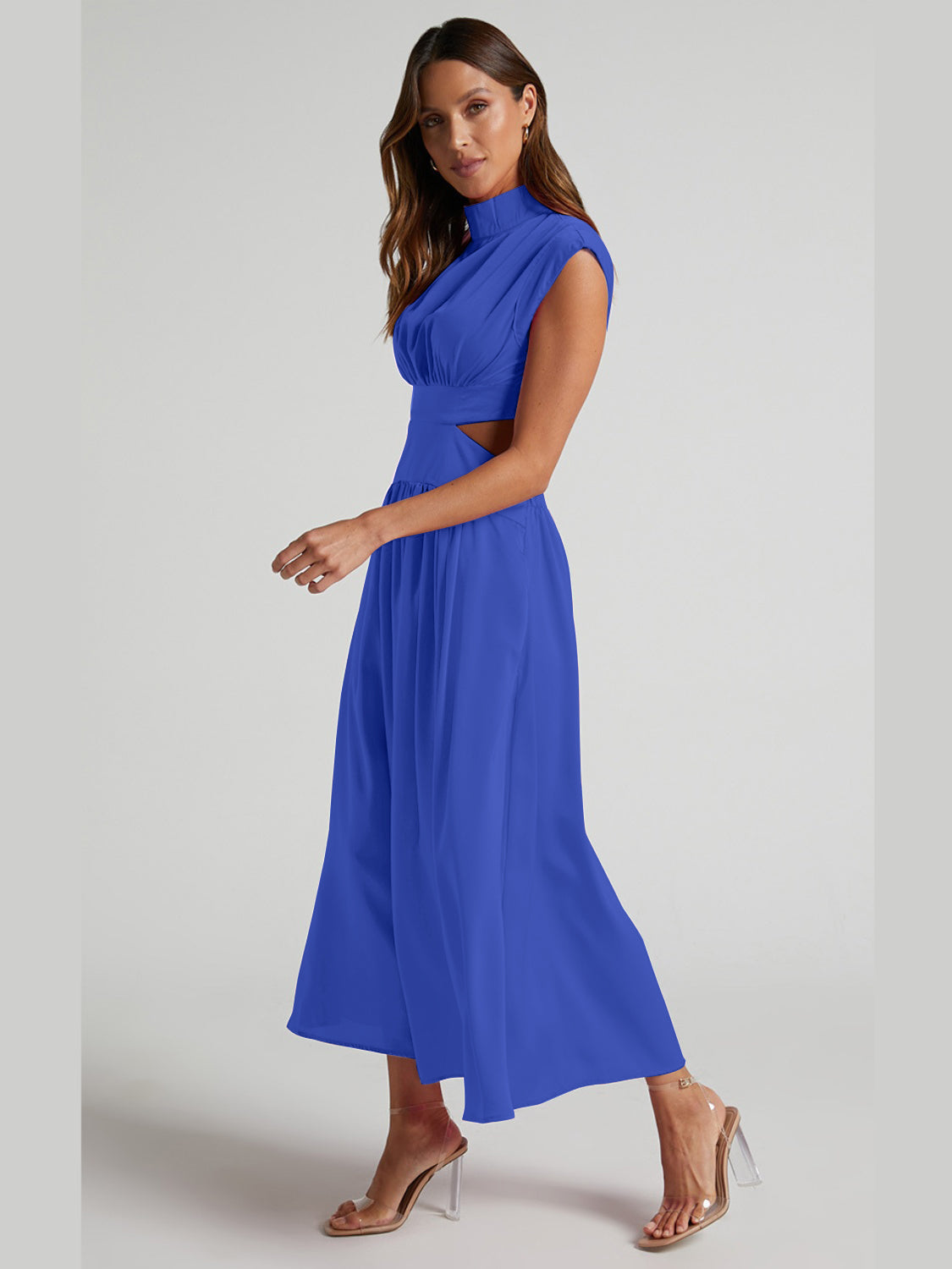 Cutout Mock Neck Sleeveless Ruched DressFeatures: Cutout
Sheer: Opaque
Stretch: Slightly stretchy
Body: Not lined
Material composition: 95% polyester, 5% spandex
Care instructions: Machine wash cold. TumblCutout Mock Neck Sleeveless Ruched DressCutout Mock Neck Sleeveless Ruched Dress