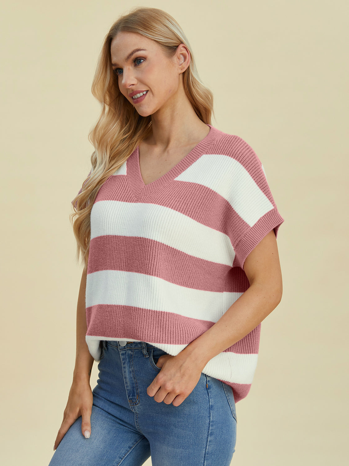 Double Take Full Size Striped V-Neck Short Sleeve SweaterFeatures: Basic style
Stretch: Moderate stretch
Material composition: 50% viscose, 29% polyester, 21% polyamide
Care instructions: Machine wash cold. Tumble dry low.-Neck Short Sleeve Sweater-Neck Short Sleeve Sweater