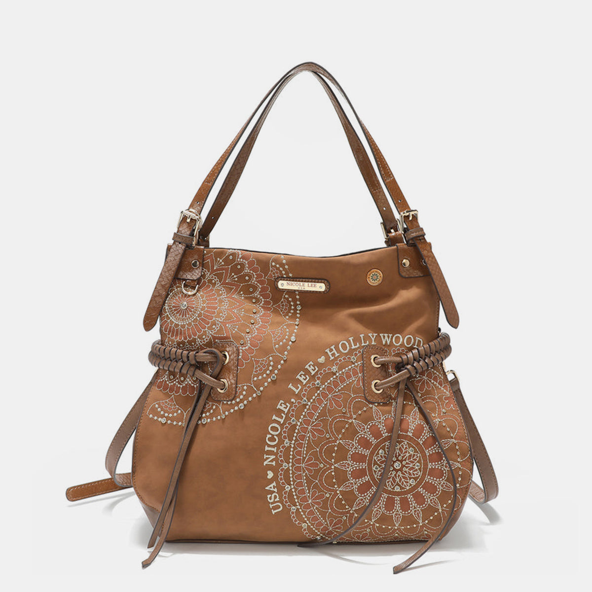 Nicole Lee USA Side Braided Tassel Inlaid Rhinestone Embroidery Hobo BEqually casual and chic, our hobo bag is an effortless fashion statement with its laid-back silhouette and expertly embroidered design.
Bag size: Medium
Material: VeNicole Lee USA Side Braided TasselNicole Lee USA Side Braided Tassel