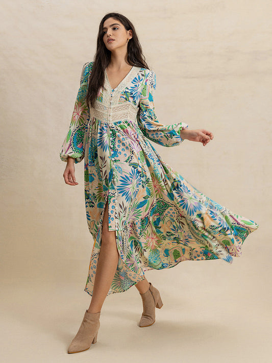 Slit Printed V-Neck Long Sleeve Midi DressFeatures: Buttoned, Slit
Sheer: Opaque
Stretch: No stretch
Body: Not lined
Material composition: 95% polyester 5% elastane
Care instructions: Machine wash cold. Tumb-Neck Long Sleeve Midi Dress-Neck Long Sleeve Midi Dress